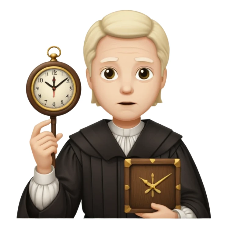 a 1600s judge with a hurried expression holding a clock that is UNFAIR sticker