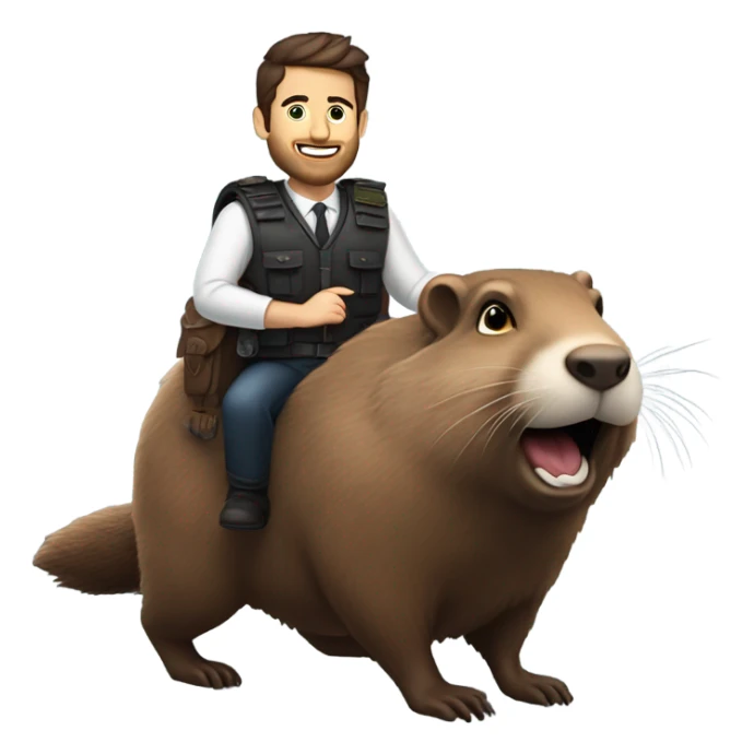 Confident armored White Man with dark brown hair and a short beard riding on the back of a giant groundhog wearing a birthday hat sticker