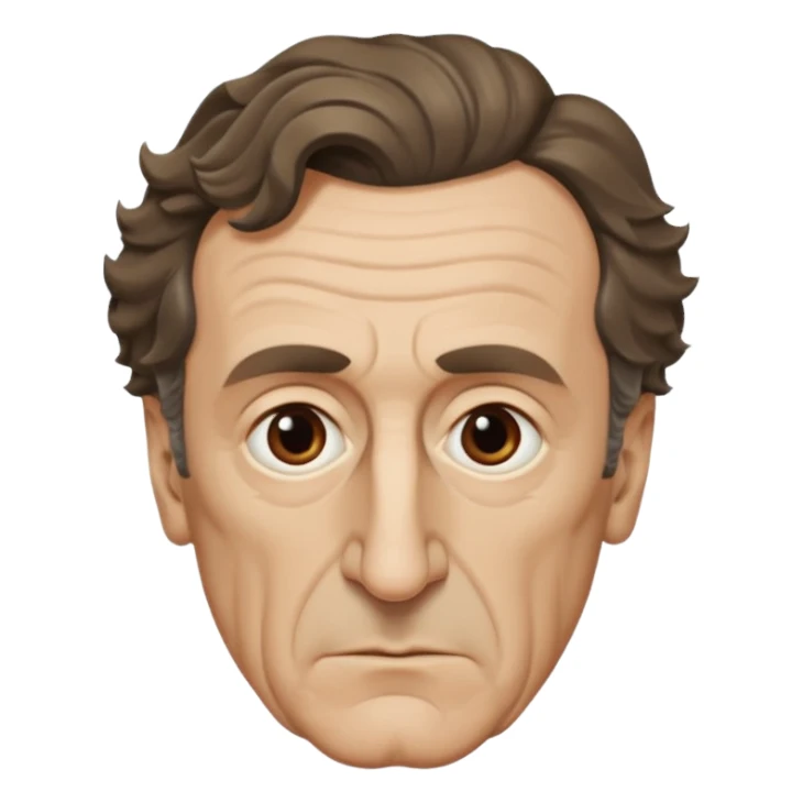 Maurice Merleau-Ponty as an emoji, serious expression, distinctive wavy hair, big nose, long face, big forehead, minimalist, philosophical, iOS emoji style sticker
