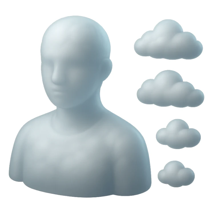 person looking straight, fully made of white fluffy convex clouds, shoulders, matte glass style sticker