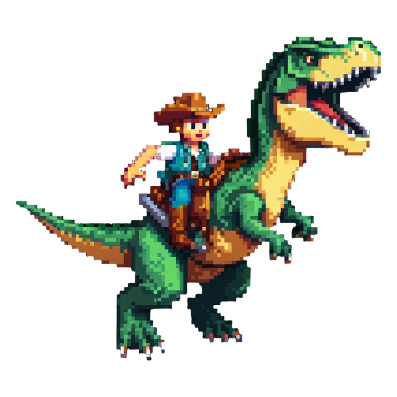 cowboy sliding down the back of a t-rex, dynamic action pose sticker