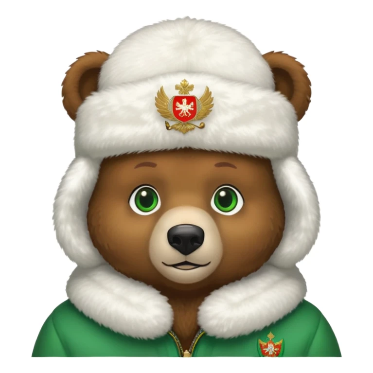 Sweet brown bear face with green eyes, white fluffy ushanka hat with very visible Russian Federation coat of arms in center, iOS emoji style sticker