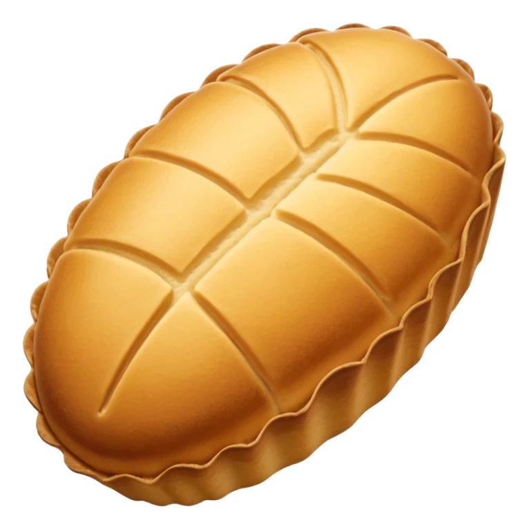 A madeleine pastry. Oval shaped with vertical lines going in the same direction as the oval. Light golden brown. Scalloped edge. Cookie. sticker