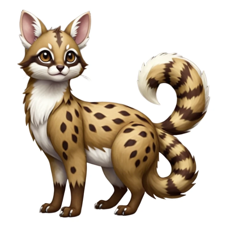 Colorful dark realistic chocolate-brown tropical beige fur glorious divine exotic cute cool beautiful shiny beautiful fantasy-Furret-Eevee-caracal-civet-genet-sergal-vernid-Cacomistle-oncilla-animal-Fakémon-hybrid-fursona with white deer-spots pattern markings (full body) sticker