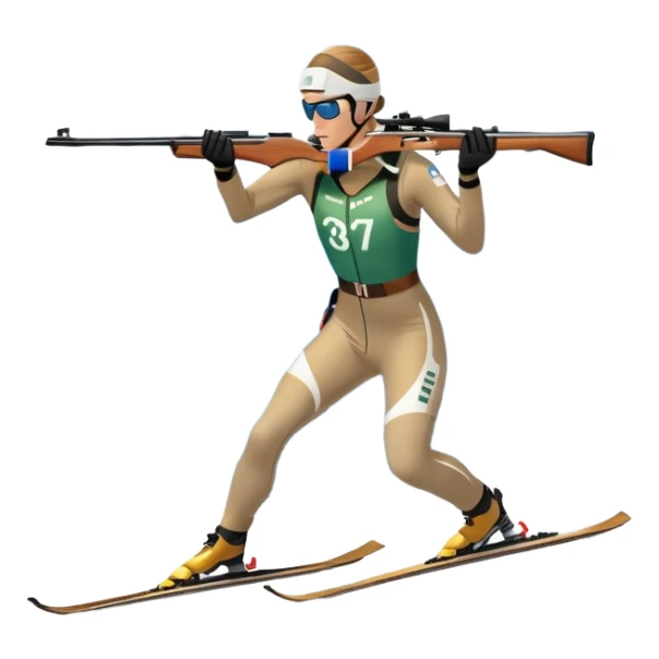 An icon featuring snow-covered trees, distant mountains, and a clear blue sky with a biathlete in motion, holding a rifle and skiing across a snowy course. Transparent background highlights the precision, endurance, and excitement of biathlon. sticker