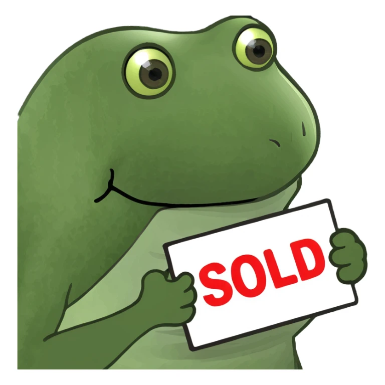 green frog holding a SOLD placard, lively and expressive sticker