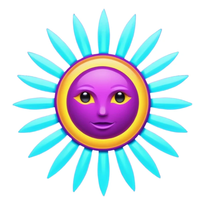 Futuristic glowing sun emoji, neon rays, bright holographic purple and cyan glow, dark background, digital tech style sticker