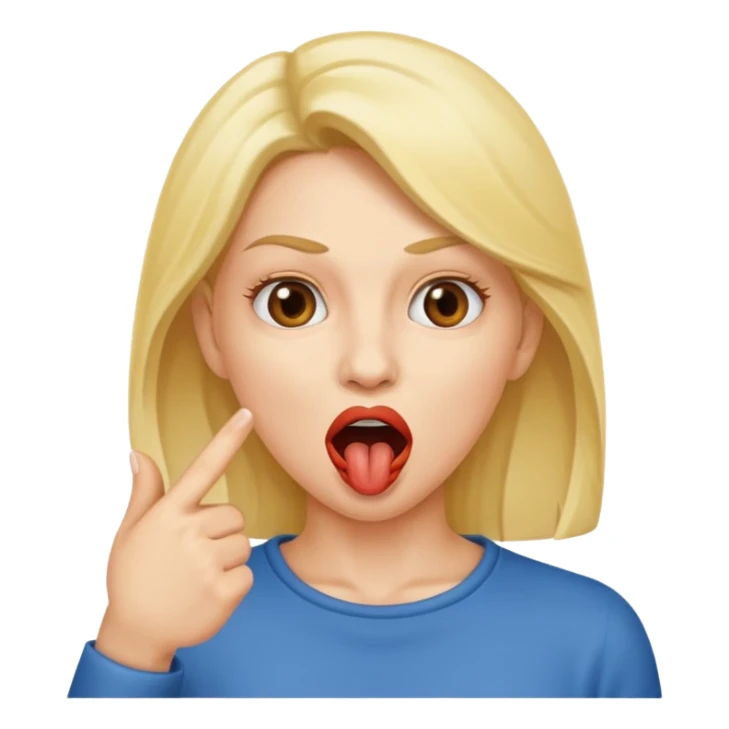 A woman pointing at her mouth with mouth open to indicate hungry sticker