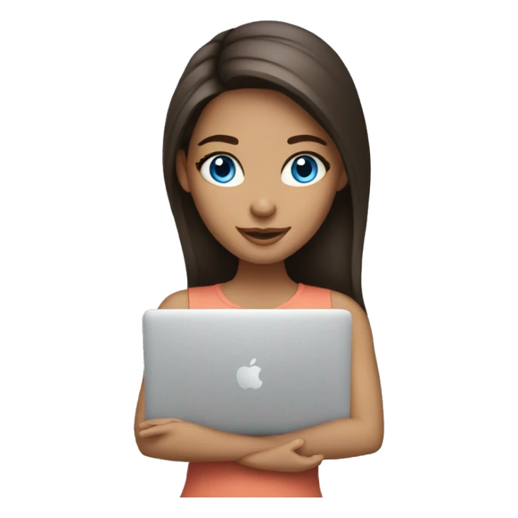 A brunette girl, blue eyes, works on a MacBook sticker