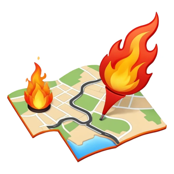 A map location pin marker on fire with flames coming out the top sticker