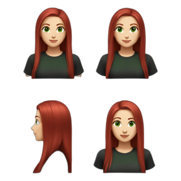 woman, long straight ruby hair, white skin, green eyes, black tshirt sticker