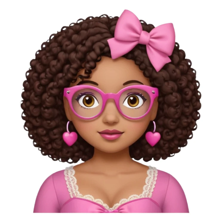 medium skinned afro-latina girl with medium length chocolate brown side part curly hair, brown eyes, pink sweetheart necklined top with lace, round wide-ish nose, chubby long shaped face, pink bow, brown glasses sticker