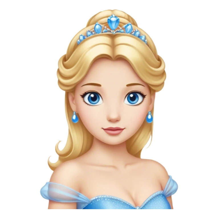 Cinematic Realistic Comical Cinderella Portrait, with every detail rendered realistically—from the soft, smooth texture of her fair skin to her artfully styled golden-blonde hair. Her bright blue eyes are wide with playful disbelief, and her expression carries a touch of whimsical humor while retaining elegant poise. Her classic ball gown, detailed with rich fabric textures and natural shadows, catches the light in a way that blends refined beauty with a hint of cheeky mischief, creating a striking, lifelike portrayal. sticker