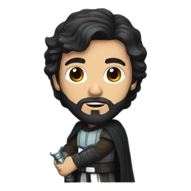 A white Portuguese with black and medium-length hair and a beard holding a lightsaber sticker