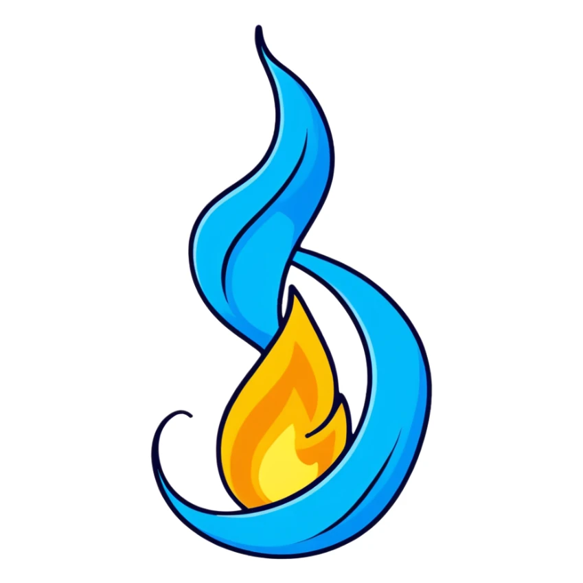 a flame in a spiral shape made from blue fire, cartoonish sticker style sticker