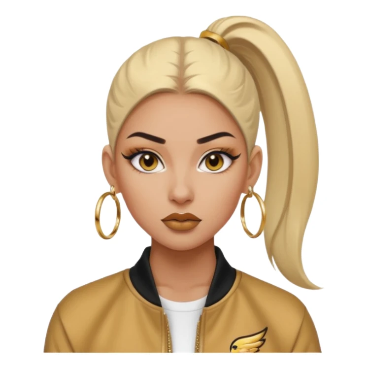 “Emoji girl, fierce confident expression, sharp winged eyeliner, bold brows, matte nude lips, long lashes, sleek high ponytail, wearing gold hoop earrings and sporty streetwear jacket.” sticker