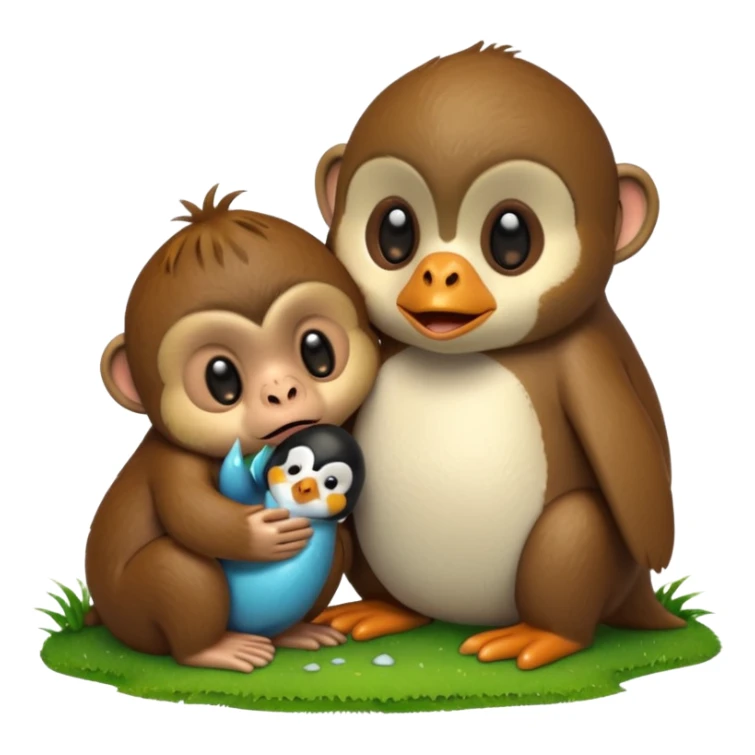 A monkey melting and crying while having a penguin on its head and both of them are touching grass sticker