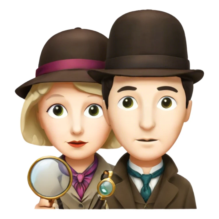 A vibrant, colorful collage featuring iconic characters like Sherlock Holmes with his magnifying glass, Miss Marple with a calm expression, and Pinkerton. The design should evoke mystery and intrigue, with elements like clues, shadows, and old-fashioned detective tools. Transparent background. sticker