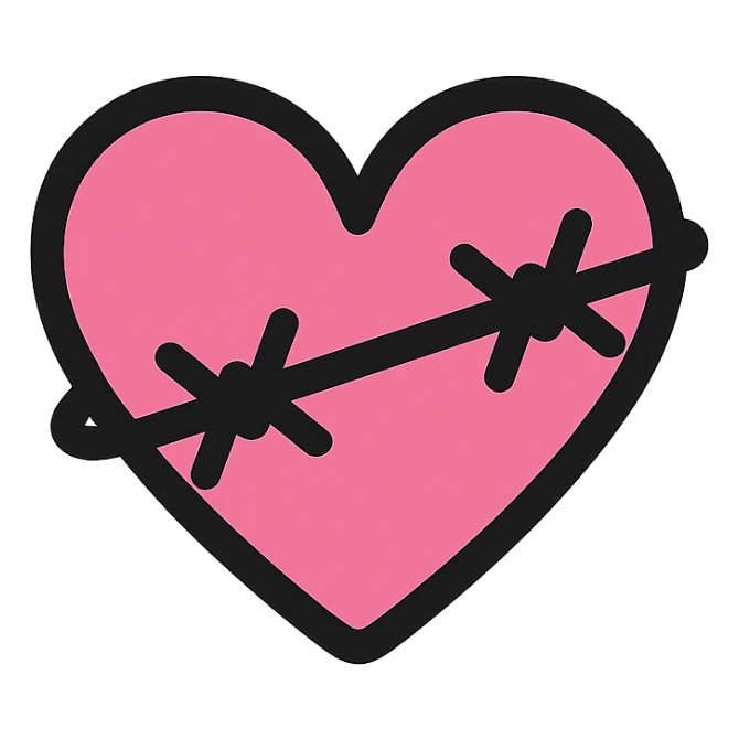 gothic heart with barbed wire, color icon filled style, pink and black sticker