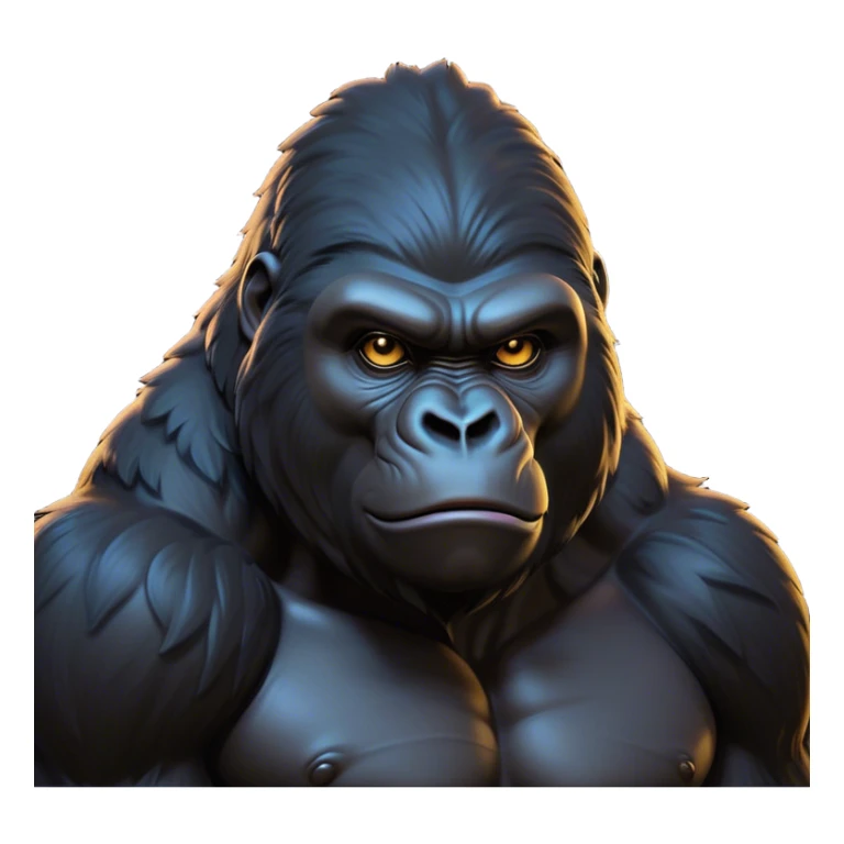 Cinematic Noble Gorilla Portrait Emoji, Poised and commanding, with a massive, muscular build cloaked in dense, rich fur and deep, soulful eyes, Simplified yet sharp and sophisticated features, highly detailed, glowing with a soft, dignified jungle glow, high shine, intelligent and formidable, stylized with an air of primate majesty, focused and authoritative, soft glowing outline, capturing the essence of a watchful guardian that feels as though it could step out of the screen with effortless authority! sticker