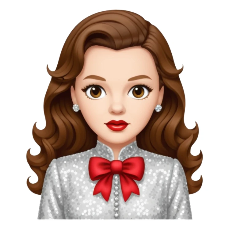 Judy Garland with long brown hair, white sequin outfit sticker