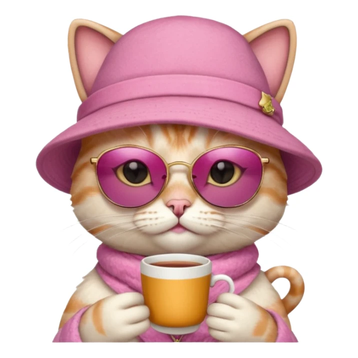 Pink cat with hat, holding cup of tea, wearing sunglasses sticker