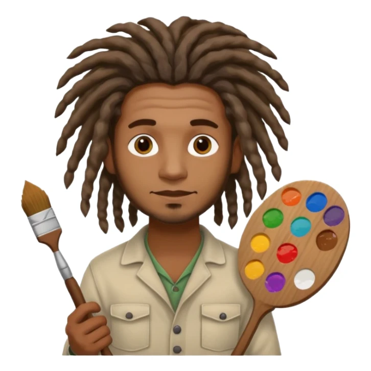 man artist with dreadlock, holding painter and color pallete sticker