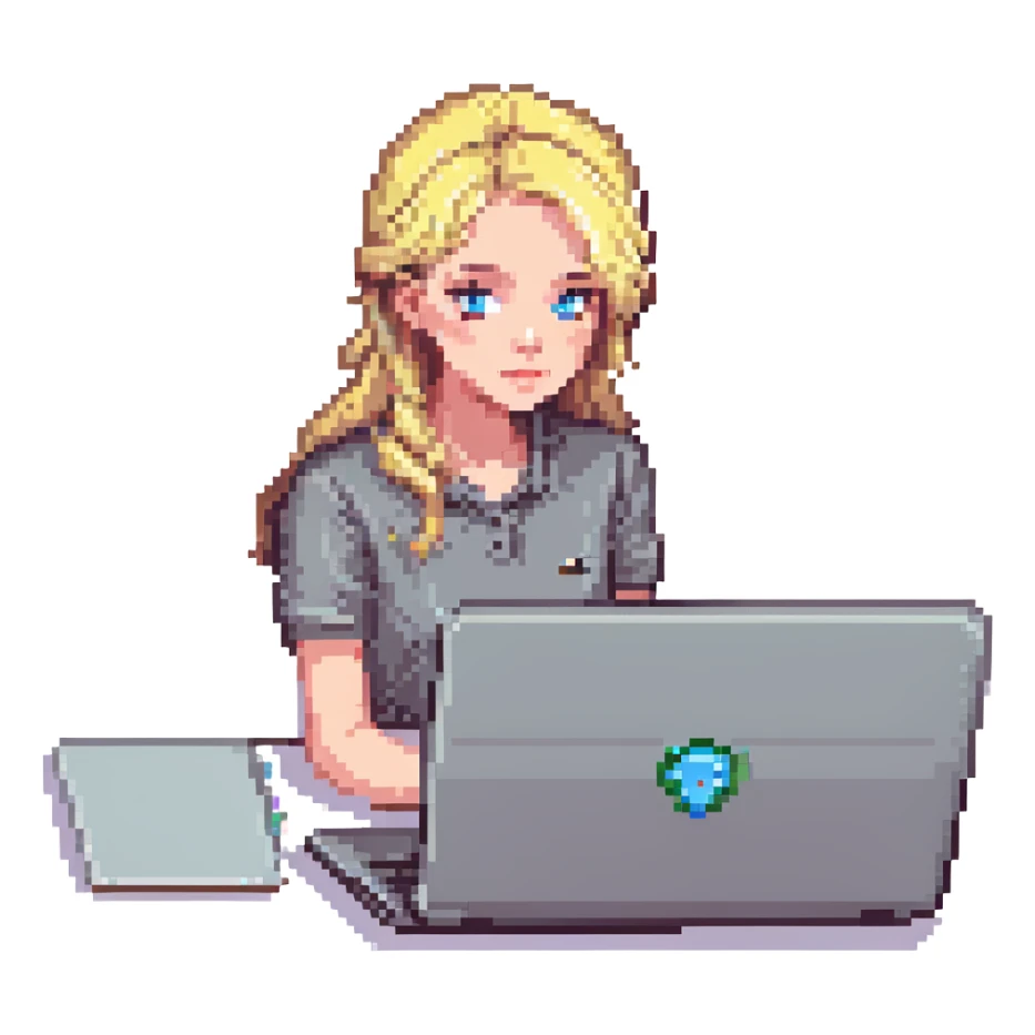 Blonde girl with blue eyes working on a laptop sticker