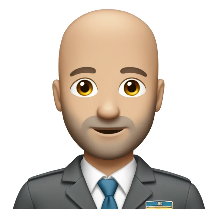 Flight attendant male, bald with beard. Gray uniform sticker