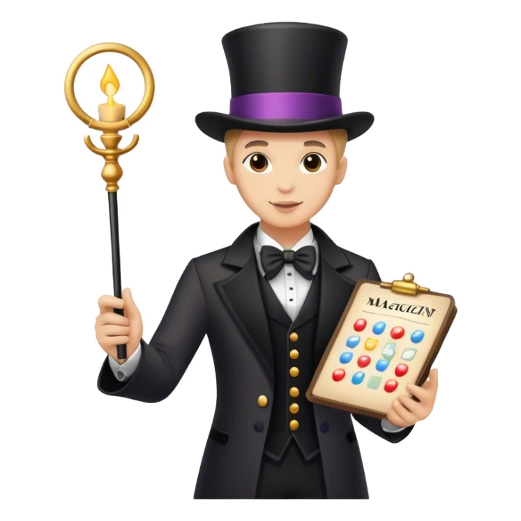 a magician holding a chart into one hand and a magic wand in the other hand sticker