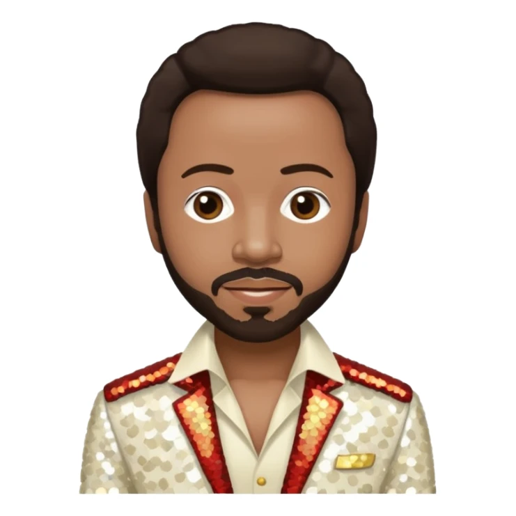 Maurice White from Earth, Wind & Fire with dark brown hair, ivory sequin outfit sticker