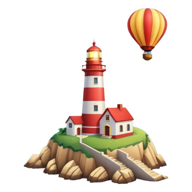 Hot air balloon above a scenic ocean with a lighthouse sticker