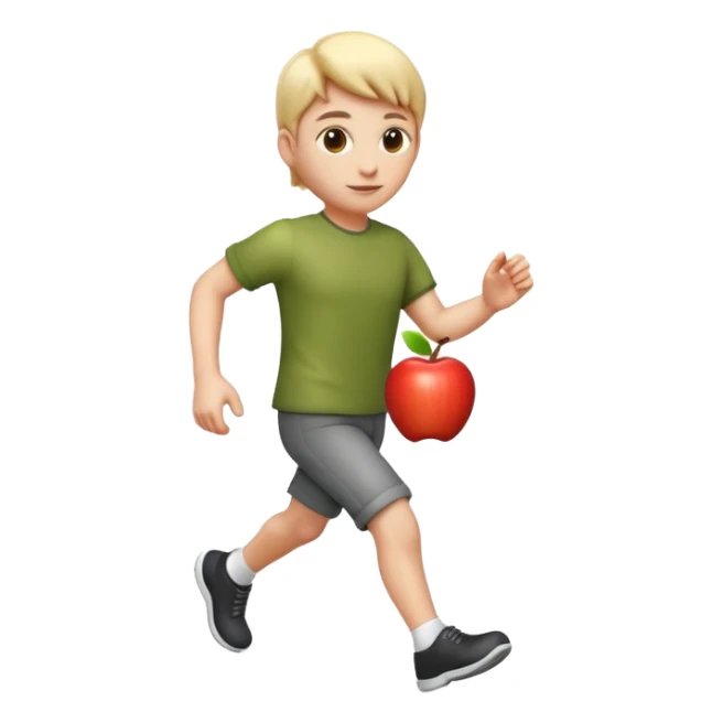 3D Apple emoji style person walking, clear stride, centered, soft shadow, white background. sticker