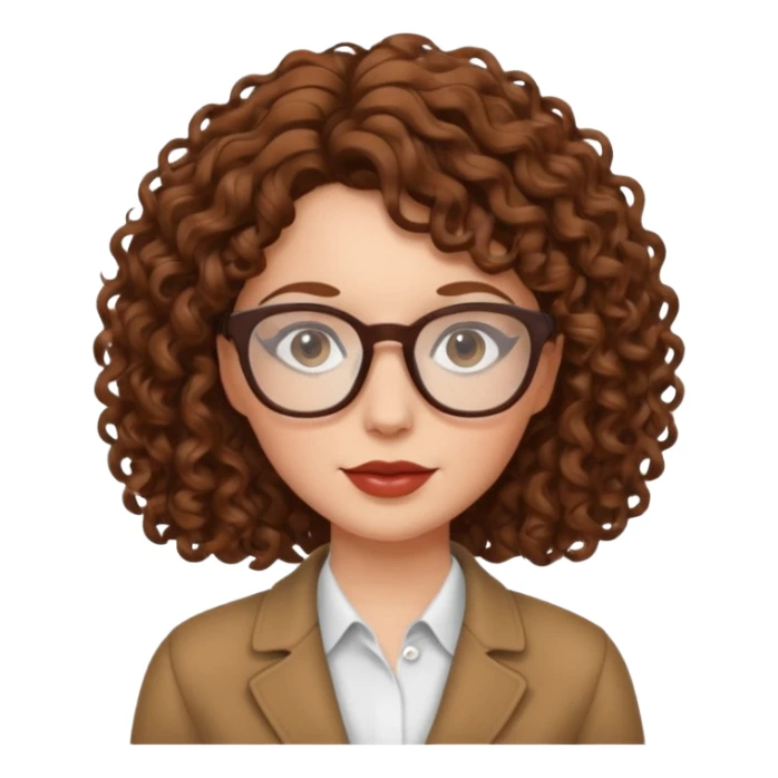 femme blanche, cheveux bouclés bruns, lunettes et stylé sticker