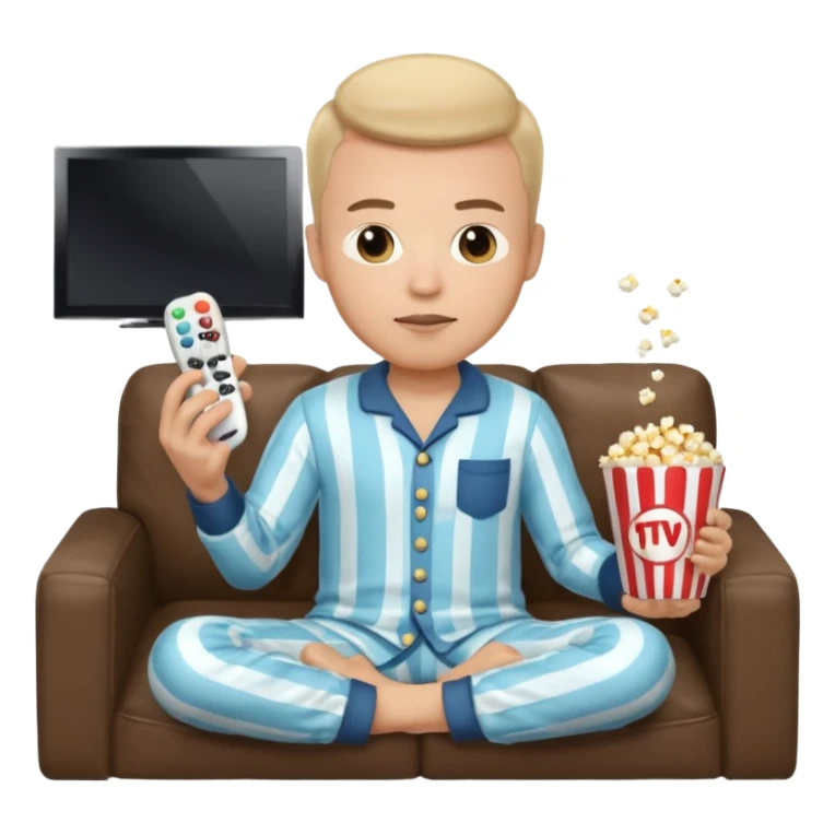 male memoji, in pajamas, sitting on couch, holding TV remote controller, relaxed face, casual home vibe, popcorn bucket on couch sticker