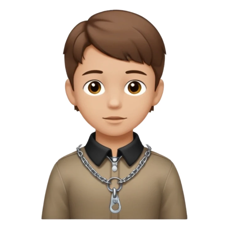 brown-haired boy, young, satisfied look, collar and leash around his neck, minimal bdsm clothing, sticker