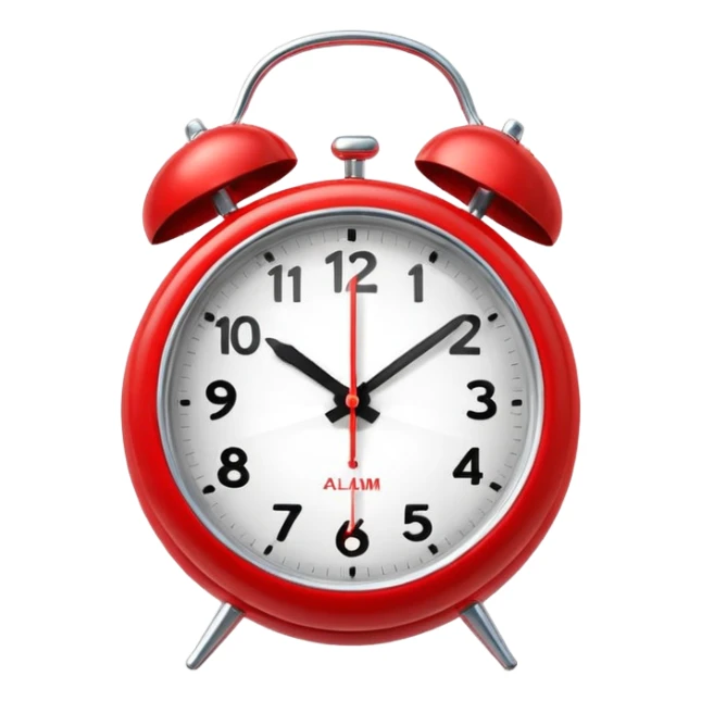 “Classic alarm clock emoji ⏰ in clean 3D style, smooth rounded clock body, bright red color, shiny metallic bells, ultra-glossy plastic texture, reflective surface, clear clock face with simple hands, soft studio lighting, subtle highlights, cute emoji proportions, ultra-polished 3D look,  sticker