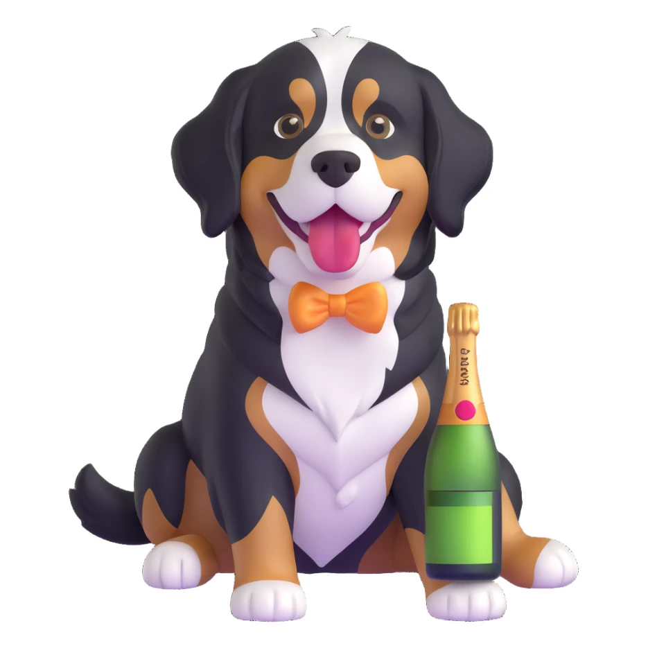 bernese mountain dog with a toy champagne bottle in its mouth, looking up sticker