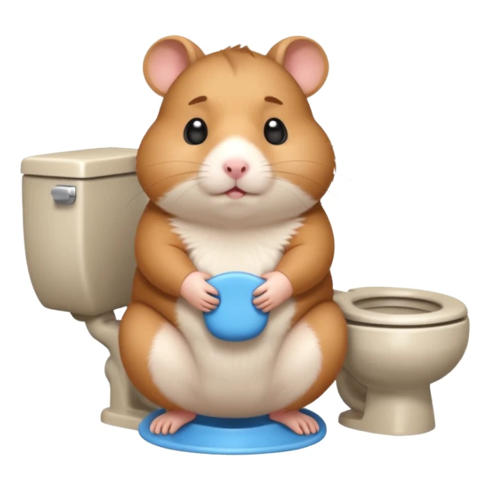 Cute chubby cartoon-style hamster sitting on toilet pooping looking as if he had an accident sticker