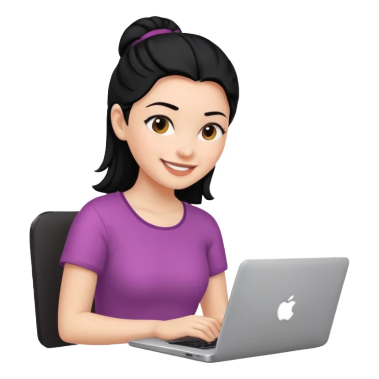 girl using her laptop smiling and black hair backwards sticker