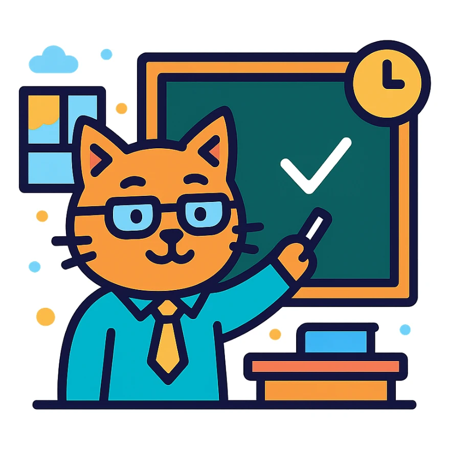 cat teacher writing on a blackboard with chalk, classroom background, cheerful and lively feeling, color outline icon style sticker