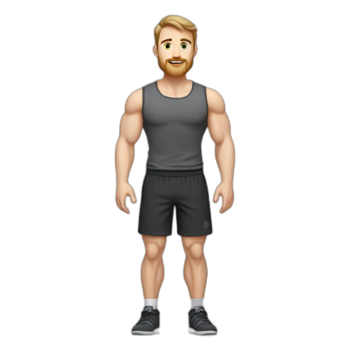 Full height Pale skinned fit man With biceps, Realistic eyes and mouth, light brown hair and stubble In dark gray sleeveless mike, black oversize sports shorts, watch and white sneakers. sticker