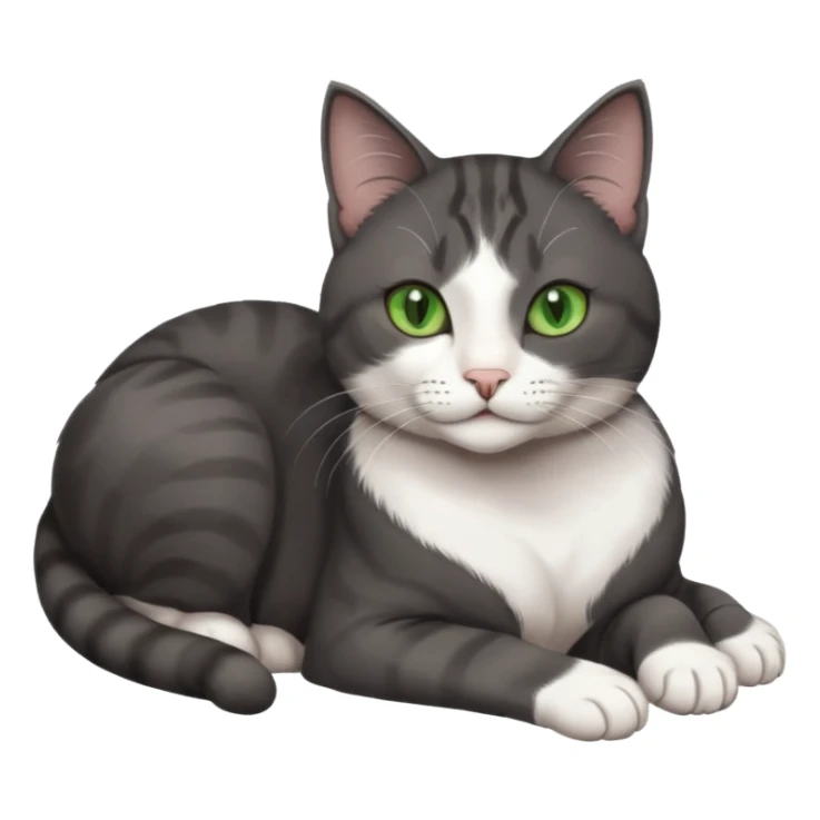 beautiful female solid dark grey cat with green eyes, white toes/paws and white patch on her chest lying down sticker