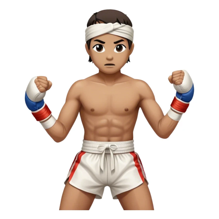 ​Cinematic Realistic Traditional Muay Thai Fighter, depicted in authentic attire featuring white bandaged gloves wrapped around his fists, a traditional headband tied neatly, and classic Muay Thai shorts, captured in a dynamic fighting stance under dramatic, high-energy lighting that highlights the raw power and elegance of the art, sticker