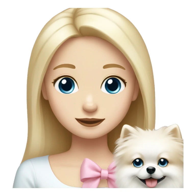 Blond girl white skin blue eyes hugging white Pomeranian with light pink bow sticker
