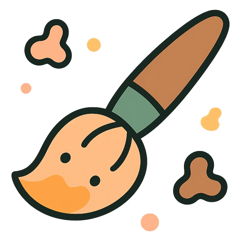A cute and whimsical artist's paintbrush with a soft and cozy design, featuring a warm color palette: golden orange (FA9B41), deep forest green (4A7C5C), muted taupe brown (96775A), and pastel peach (FFCC9A). The brush has a delicate wooden handle in muted brown, with the bristles slightly fanned out, holding a touch of paint in shades of peach and orange. The tip of the brush is dipped in a soft golden hue, and tiny splashes of paint in the palette’s colors are gently scattered around. The overall mood is playful, artistic, and charming, evoking a sense of creativity and warmth. sticker