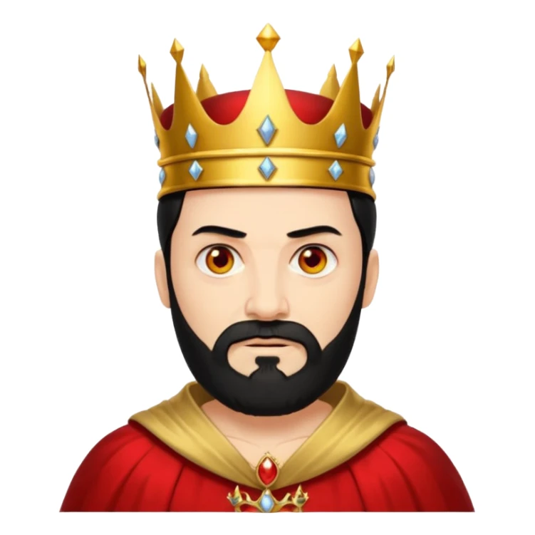 

a yellow king, red eyes, 60 years old, black hair, black beard, wearing a crown, red robe, fierce face emoji
 sticker