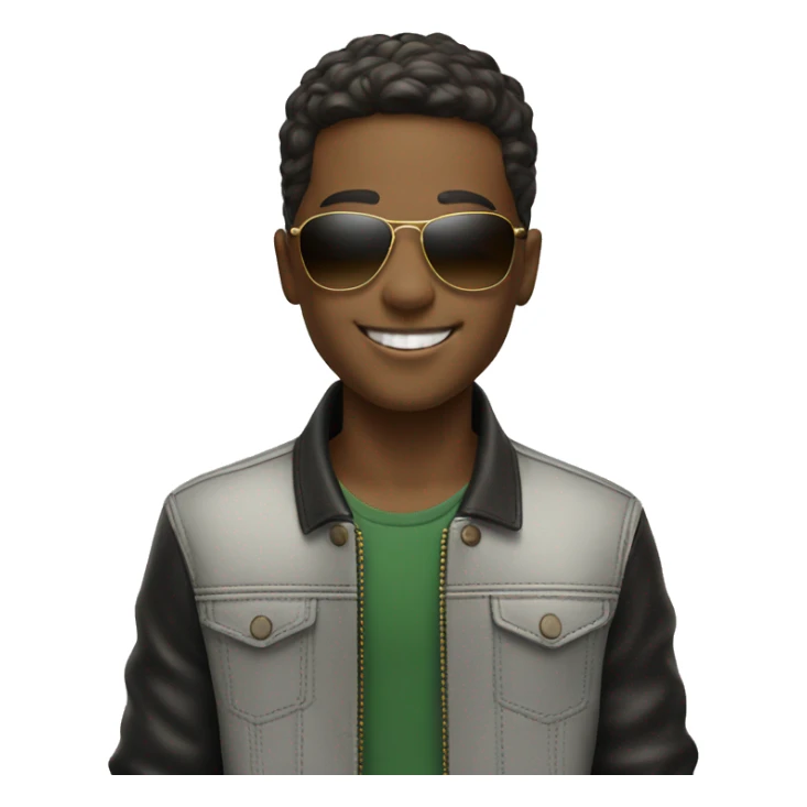 smiling boy in stylish outfit with ray-ban sticker