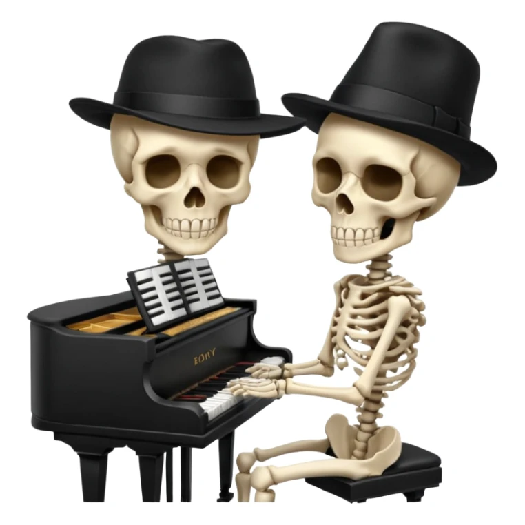 A human skeleton wears a black hat and plays the piano. sticker