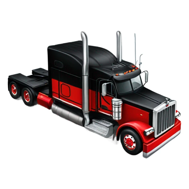 Peterbilt 389 black with red frame with flat top and slash cut exhaust stacks and dual rear tires and flat bumper sticker